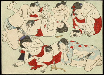 Koban Shunga  Utagawa School  Abiding Tattooed Man  Licking Cat  c.1870s.