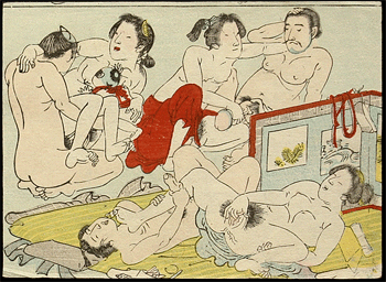 Koban Shunga  Utagawa School  Masturbating Adolescents  Couple With Baby  c.1870s.
