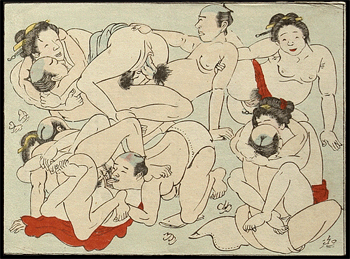 Koban Shunga – Utagawa School – Group Sex – Cunnilingus – Double Penetration – c. 1870s.