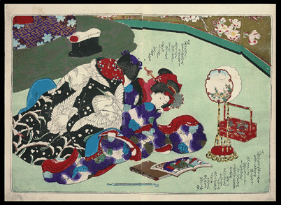 Obon Shunga Masterpiece – First Edition – Herons On Black Kimono – Utagawa Kunisada – c.1851.