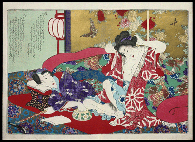 Obon Shunga Masterpiece – First Edition – Post Coitus – Dragon Fish – Butterflies And Chrysantemums – Utagawa Kunisada – c.1851.