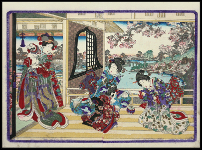 Obon Shunga Masterpiece – First Edition – Court Ladies With Kid And Dog – Utagawa Kunisada – c.1851.