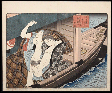 Shunga – Designed by Kunisada – Text by Eisen – Bedroom Guide – Boat Scene – c.1847.