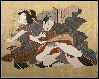 Striking Japanese Shunga Painting – The Staircase – Hokusai School.