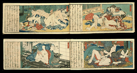Two Rare Erotic Booklets By Kunimori � Snow Scene � Mosquito Net � Couple And Infant � Peekers � c.1840s.