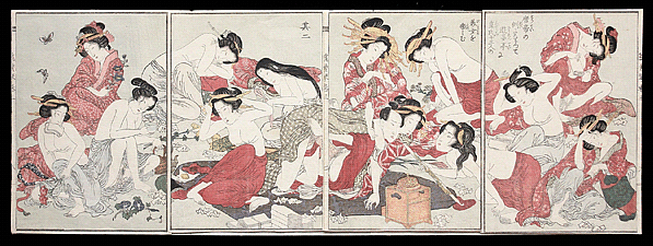 Keisai Eisen � Incredible Quadriptych � Rich Client With Thirteen Courtesans � c.1820.