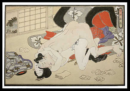 Superb Erotic Painting  Utagawa School  Passionate Completely Nude Couple  c.1850.