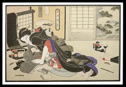 Superb Erotic Painting  Utagawa School  Playful Cat  c.1850.