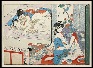 Shunga – Ikeda Terukata – Old And Young Couple – Hokusai’s Manpuku Wagojin – c.1890.
