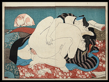 Shunga – Kuniyoshi – Orgasmic Couple – Sleeping Cat – c.1853.