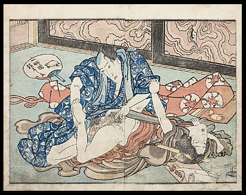 Shunga – Kuniyoshi – Intimate Couple And Female Peeker – c.1840.