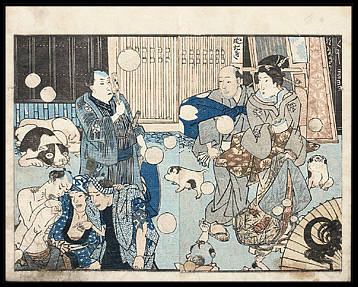 Shunga – Kuniyoshi – Street Scene – Magician – Puppies – Tattooed Men – c.1840.