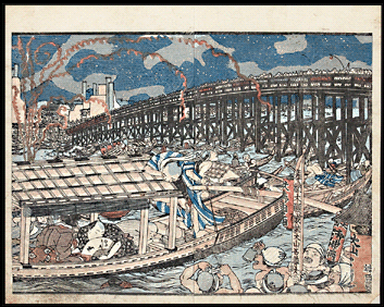 Shunga – Kuniyoshi – Fireworks – Party Boats – Bridge – c.1840.
