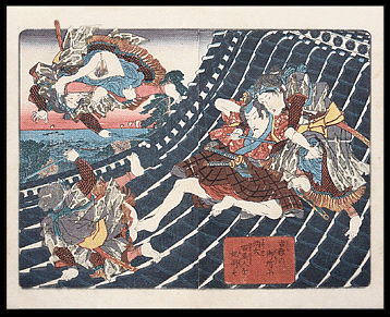 Shunga � Utagawa Kunisada � Female Warriors Fight On The Roof � c.1837.