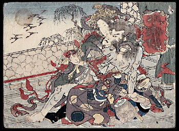 Rare Shunga – Kuniyoshi – Tattooed Suikoden Hero With Princess – c.1828.