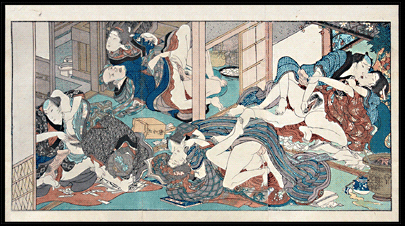 Rare Fold-Out Shunga � Koikowa Shozan � Four Decadent Couples � c.1854.