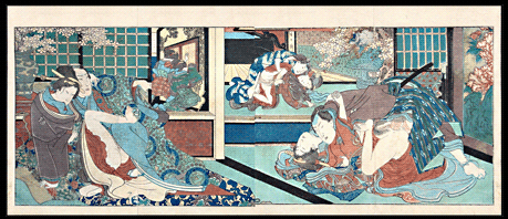 Rare Multi-Panel Shunga � Koikowa Shozan � Crowded All-Nighter At The Yoshiwara Brothel � c.1854.