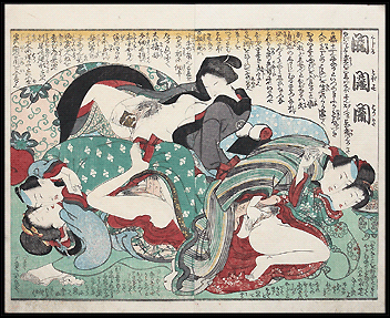 Shunga – Utagawa School – Orgy With Two Couples – Masturbating Woman With Dildo – c.1840.