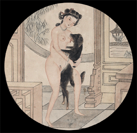 Rare Chinese Erotic Painting – Black Dog Suckling – Anonymous – c.1920s.