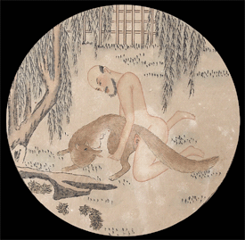 Rare Chinese Erotic Painting – Bearded Man With Fox Spirit – Anonymous – c.1920s. 
