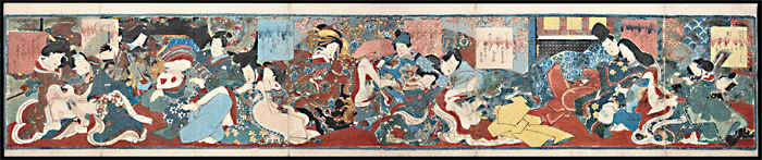 Rare 8 Panel Shunga - Massive Aristocratic Orgy - Koikawa Shozan - c.1850.