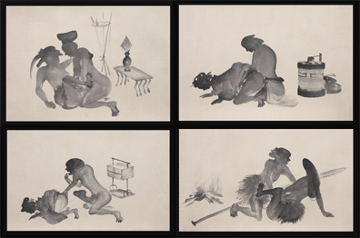 Excellent Shunga Scroll � With 12 Silhouette Paintings � Suzuki Hyakunen � c.1860.