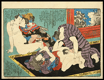 Kunimaro - Shunga - 1850 - Two Couples On A Black Carpet.