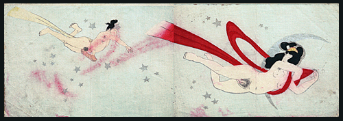 Tomioka Eisen - Unusual And Very Rare Shunga - Lovers In The Sky - c.1890.