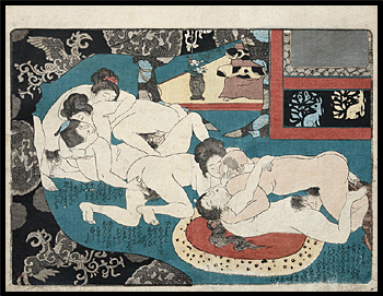 Kunimaro - Very Rare Shunga - 1850 - Orgy Scene - Tortoiseshell Dildos.