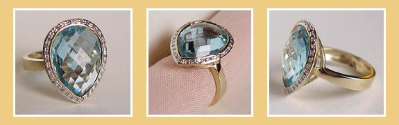 14K.Gouden Design-Ring met Aquamarijn en Diamanten.