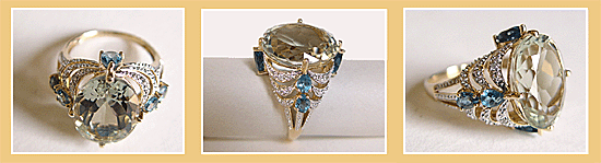 14K. Gouden Design Ring met Citrien - Topaas - Diamanten.