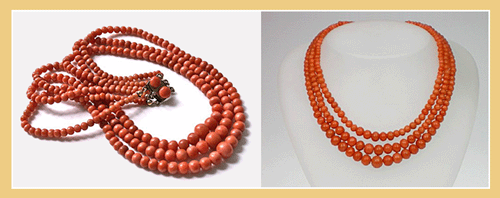 UNIEK ANTIEK DRIE-RANG BLOEDKORAAL COLLIER. Biedermeier ( 1815-1848 )