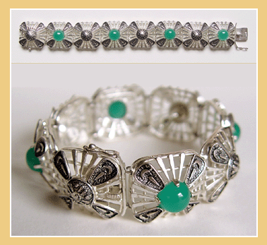 Unieke Zilveren Filigrain Armband.'Chrysopraas Cabochons'  0800.